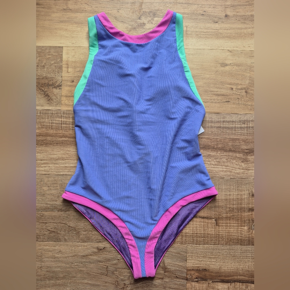 Beach Riot Steph Purple and Pink One Piece Swimsuit Colorblock Ribbed NWT